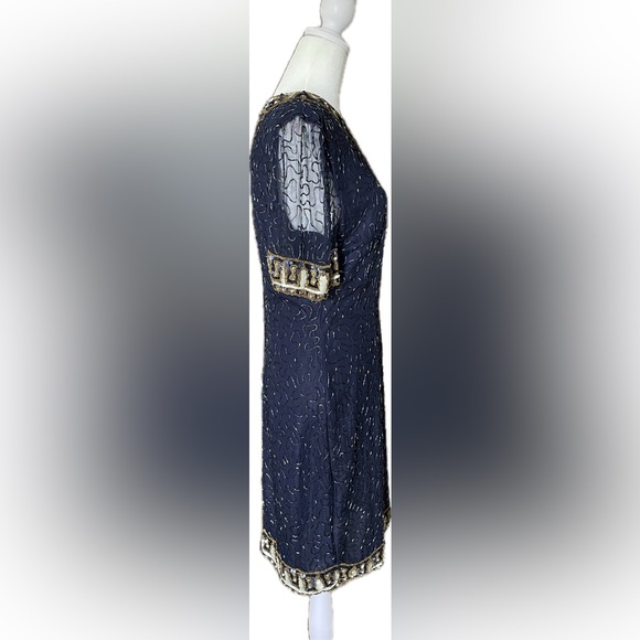 Laurence Kazar Navy and Gold Beaded Dress - Picture 4 of 8